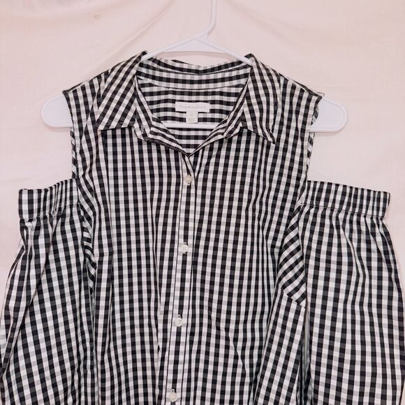 Charter Club Black White Plaid Cold Shoulder Button Up Blouse Top size 12 - Picture 4 of 7